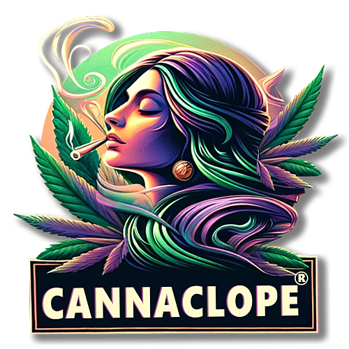 Logo de la marque Cannaclope, représentant une femme élégante avec des cheveux ondulés aux couleurs vives, entourée de feuilles de cannabis et fumant élégamment, symbolisant la gamme de produits CBD de qualité supérieure de Cannaclope.