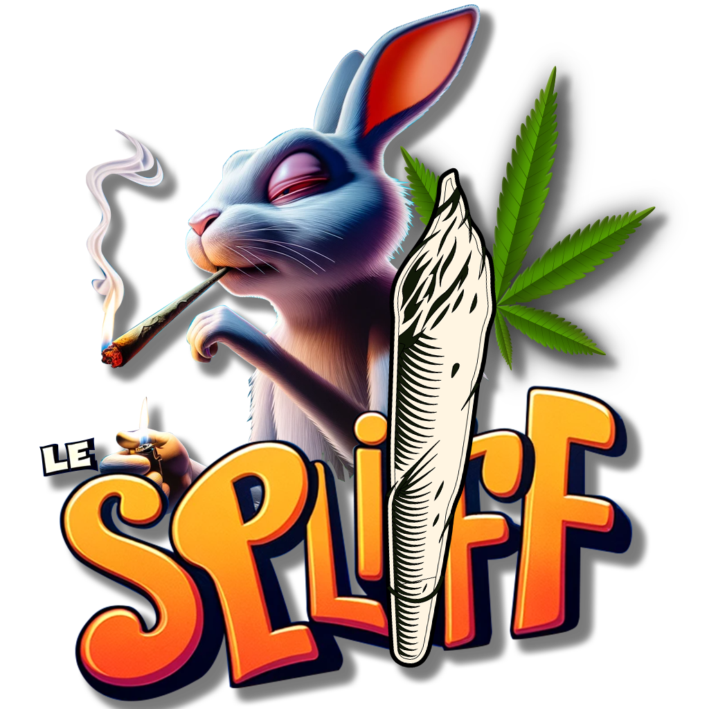 Illustration dynamique d'un lapin bleu fumant un grand spliff, avec une feuille de cannabis et le logo 'LE SPLIFF' en gros caractères, représentant les produits de Green Forest Cbd.
