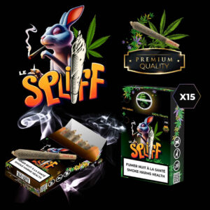 Pack de 15 pré-roulés CBD Le Spliff par Green Forest Cbd, mettant en vedette un lapin fumant, signalant 100% fleurs, 0% tabac. Avertissement 'Fumer nuit à la santé' affiché clairement.