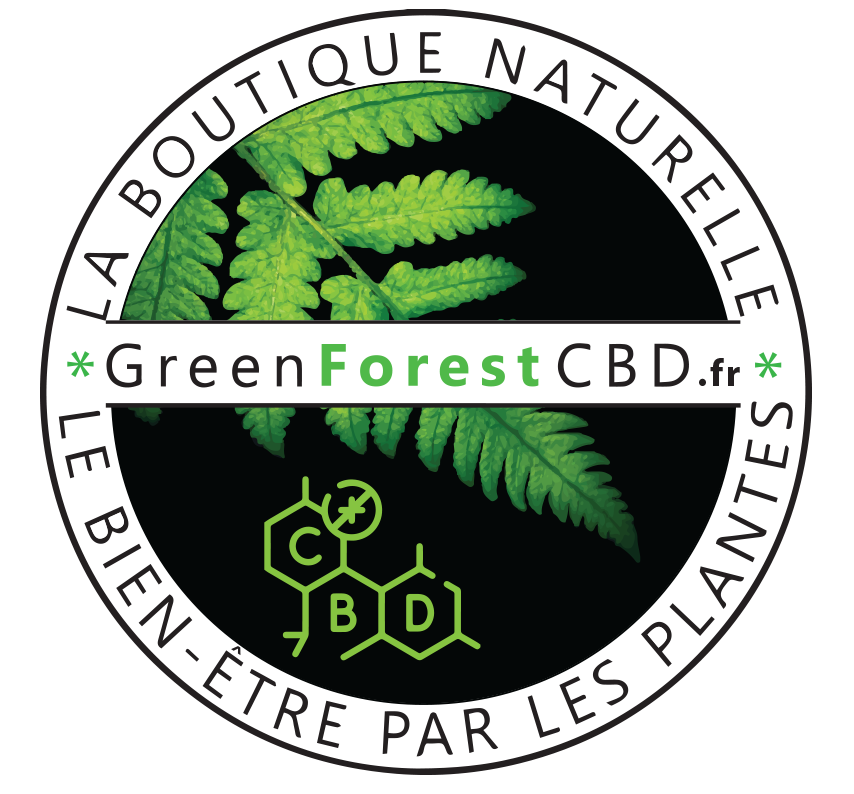 Logo circulaire de GreenForestCBD.fr, mettant en avant une feuille de cannabis au centre avec les inscriptions 'La boutique naturelle' et 'Le bien-être par les plantes' sur fond noir, soulignant l'engagement de la marque dans les produits naturels de CBD.